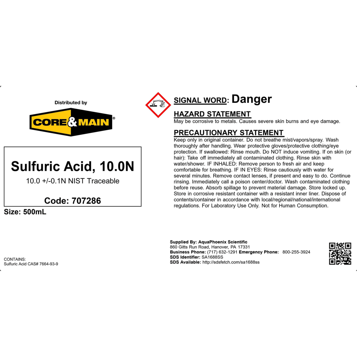 Core & Main Sulfuric Acid, 10.0N, 500 mL