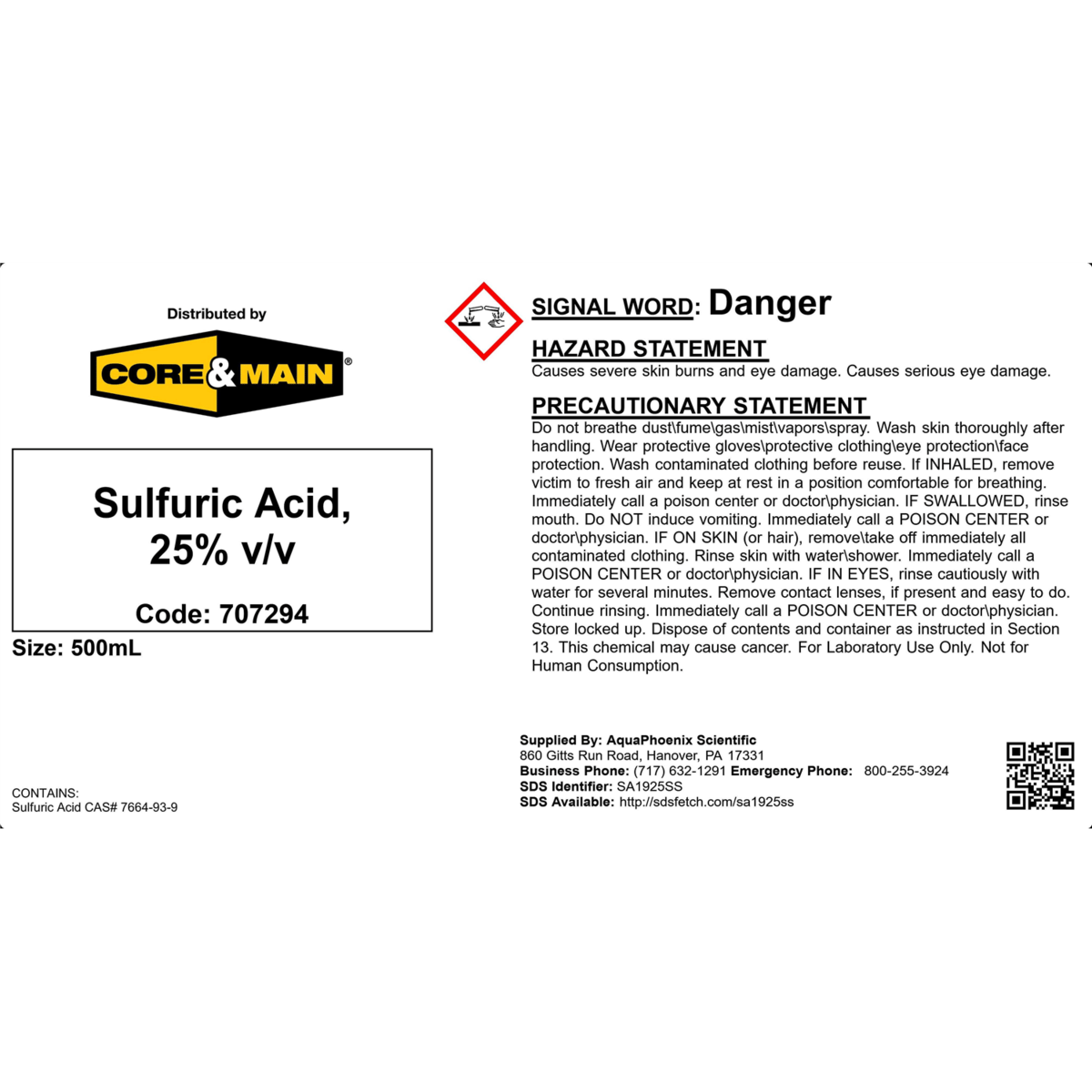 Core & Main Sulfuric Acid, 25% v/v, 500 mL