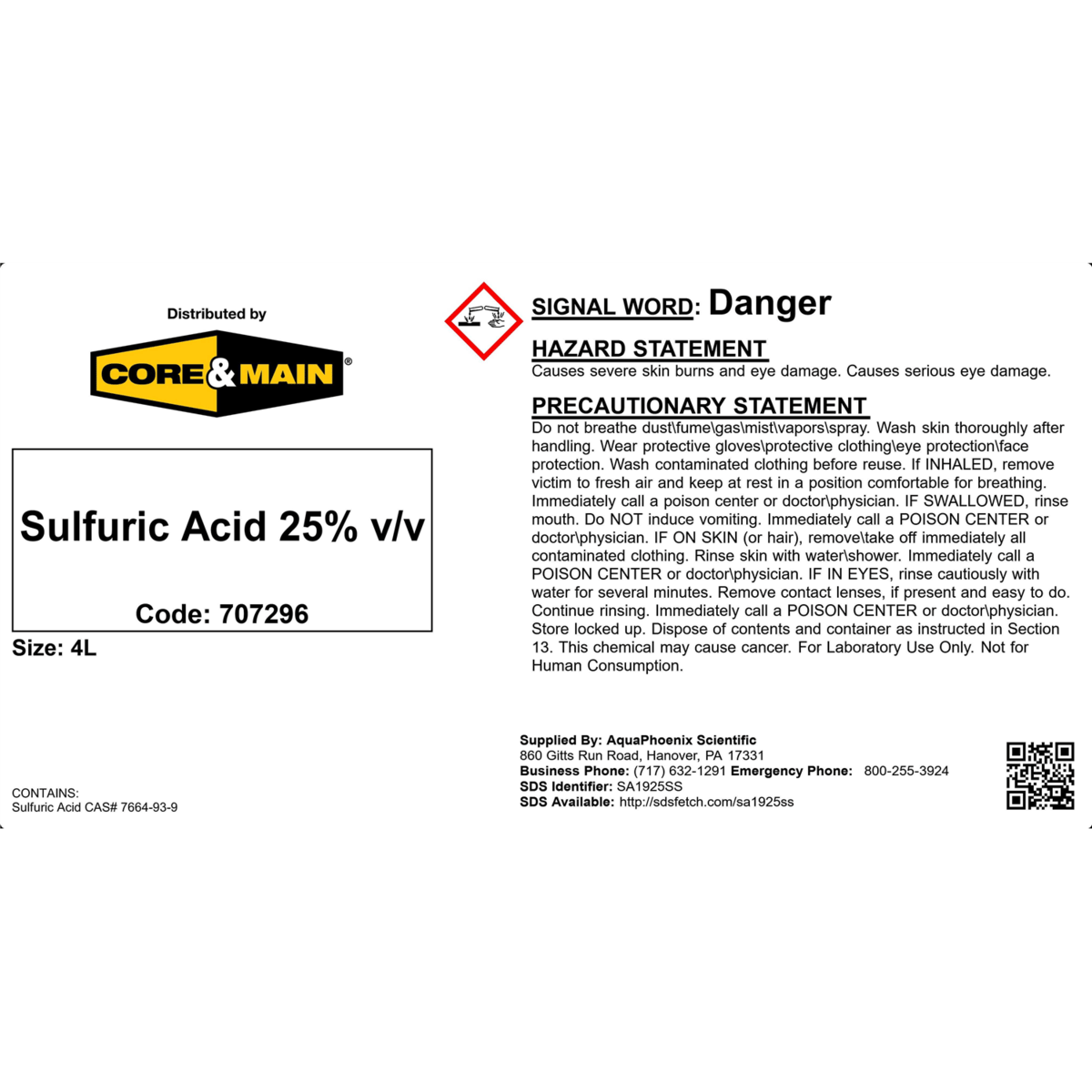 Core & Main Sulfuric Acid, 25% v/v, 4 L