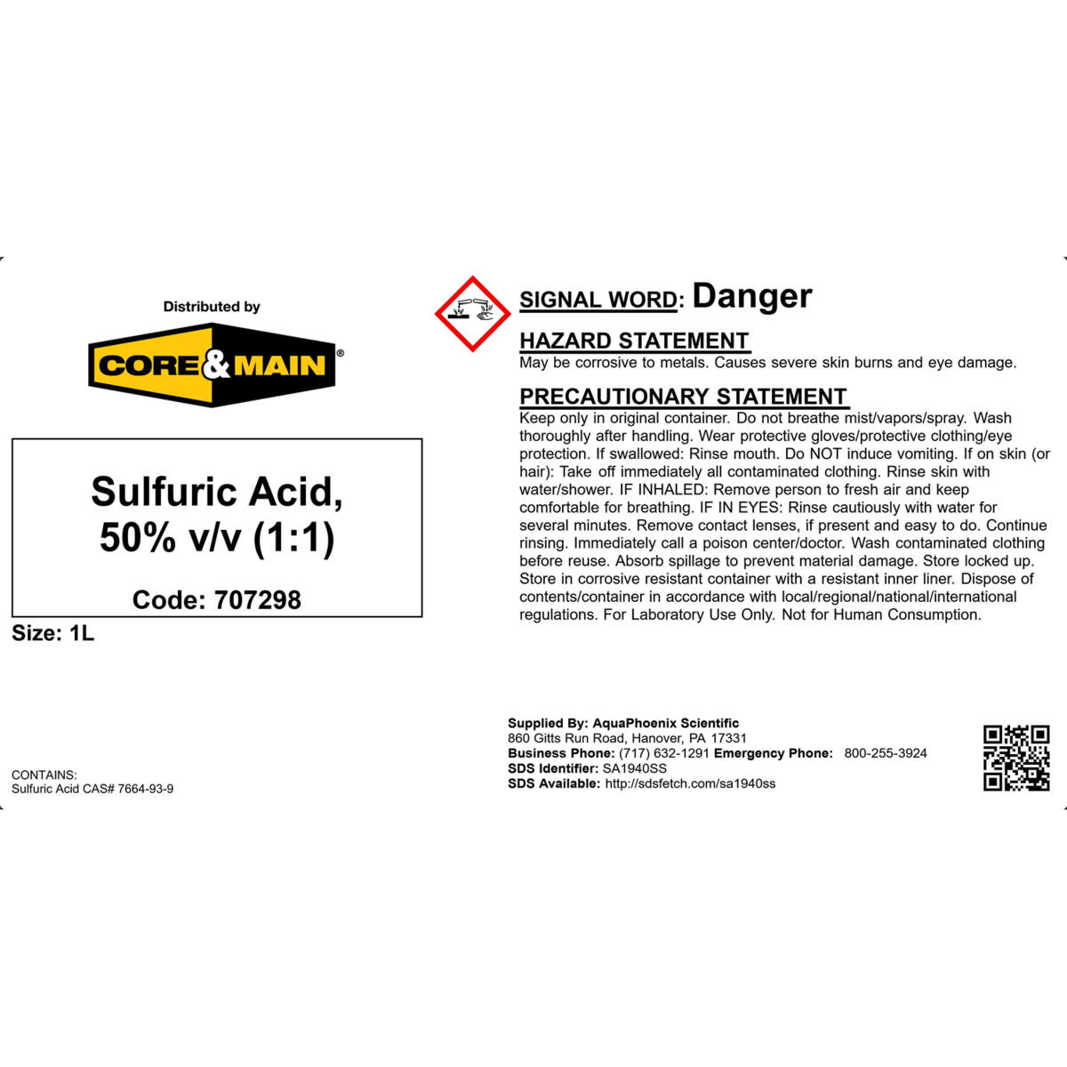 Core & Main Sulfuric Acid, 50% v/v (1:1), 1L
