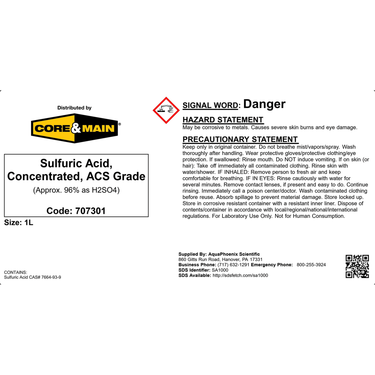 Core & Main Sulfuric Acid, Concentrated, ACS Grade, 1 L