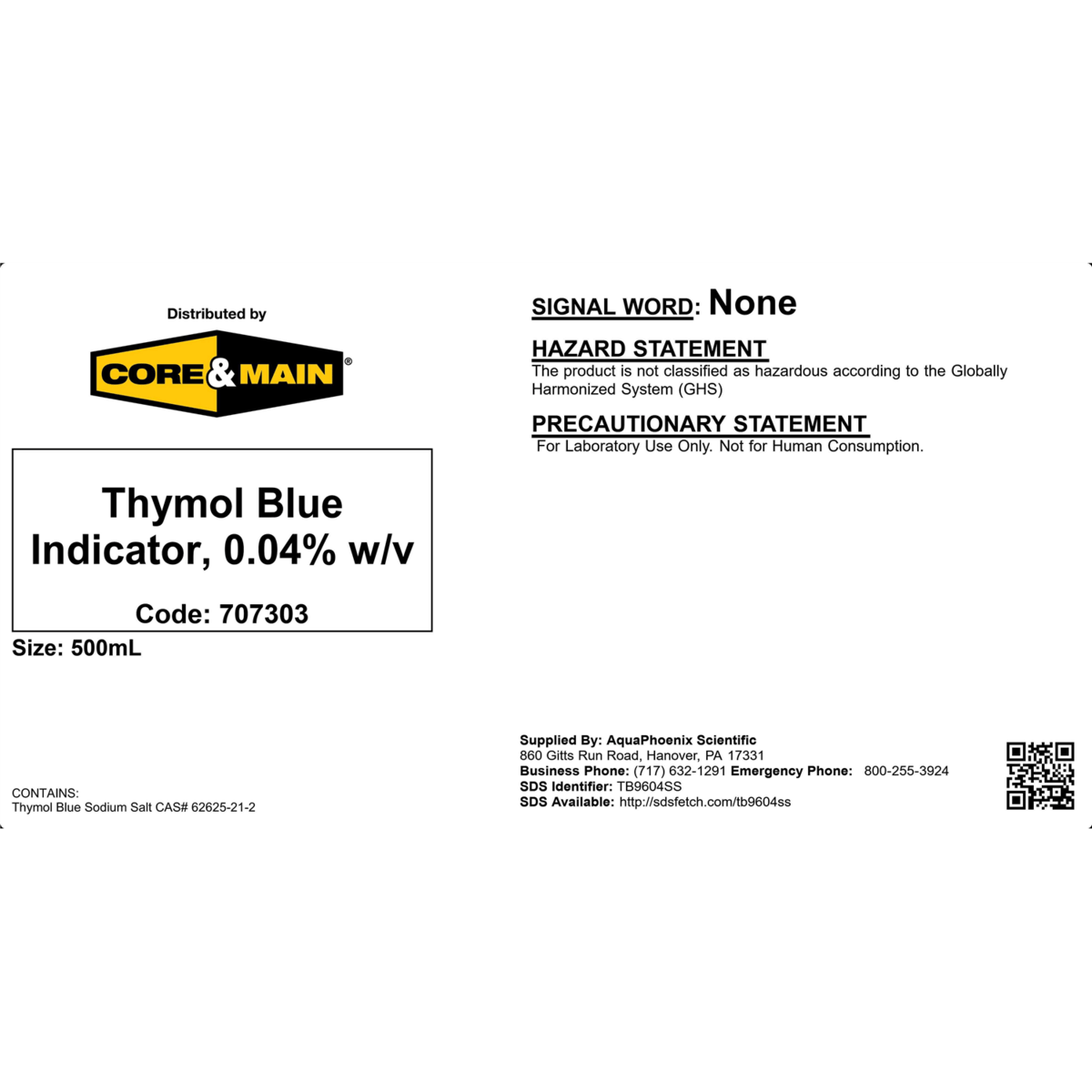 Core & Main Thymol Blue Indicator, 0.04% w/v, 500 mL