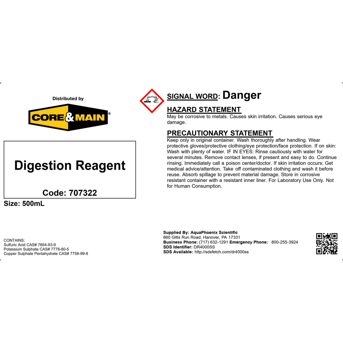 Core & Main Kjeldahl Digestion Reagent, 500 mL