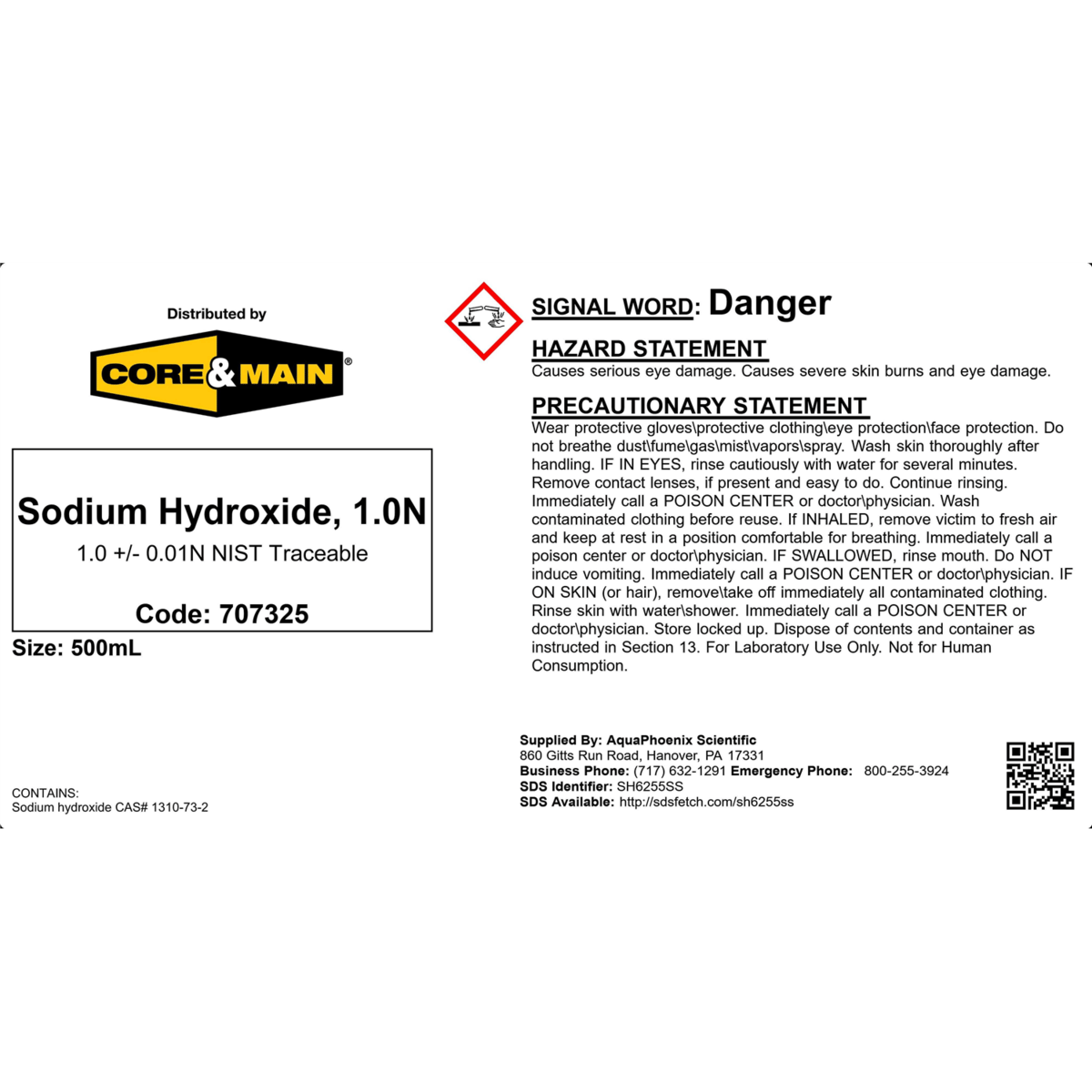 Core & Main Sodium Hydroxide, 1.0 N, 500 mL
