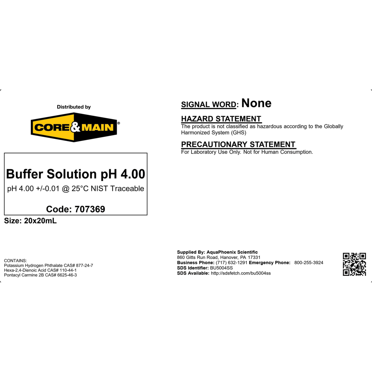 Core & Main pH Buffer Solution, pH 4.00, 20 mL, 20/Pack