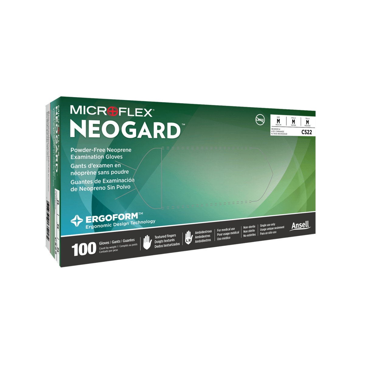 Microflex Neogard C52 Ergonomic Neoprene Glove, Size M, Box of 100