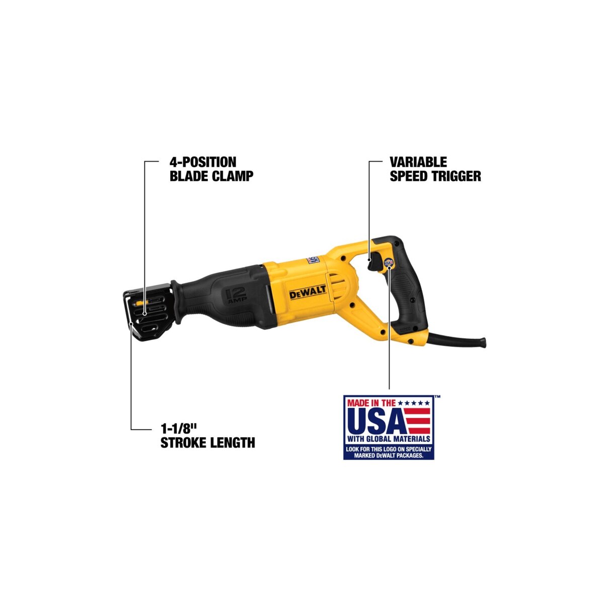 DEWALT Standard Reciprocating Saw, 12 Amp