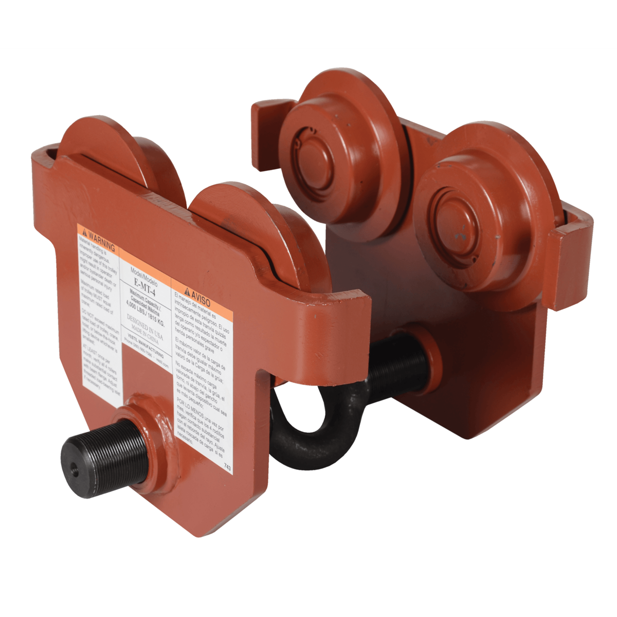 Vestil Steel Push Eye Manual Trolley 4000 Lb. Capacity Orange E-MT-4