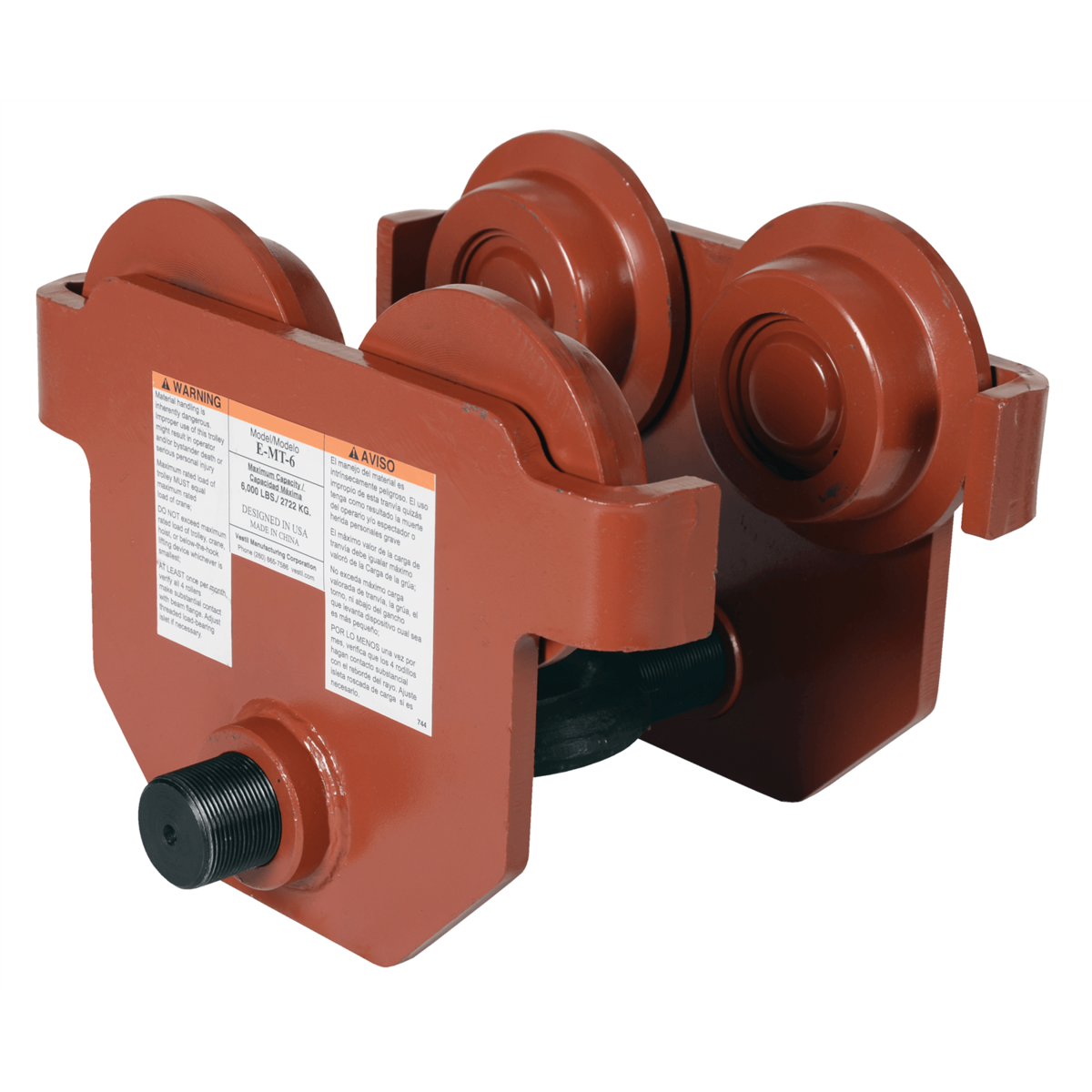 Vestil Steel Push Eye Manual Trolley 6000 Lb. Capacity Orange E-MT-6