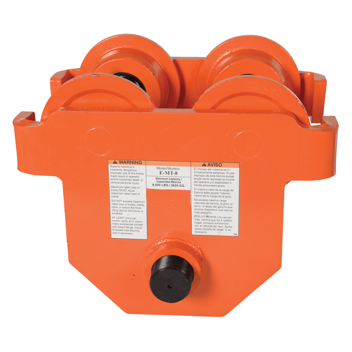 Vestil Steel Push Eye Manual Trolley 8000 Lb. Capacity Orange E-MT-8