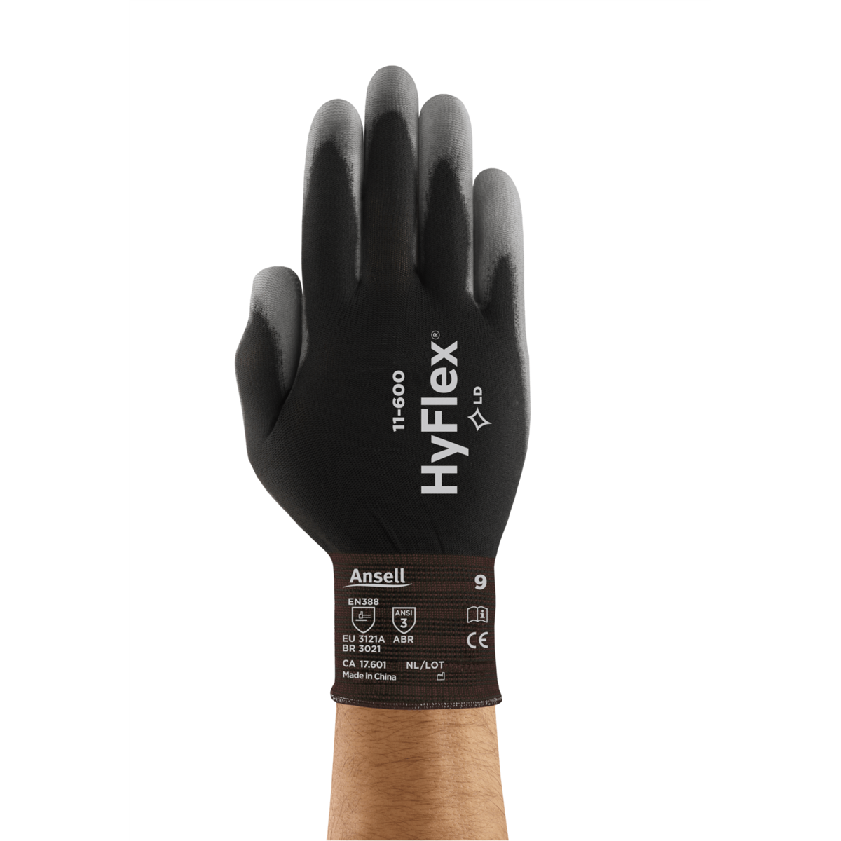 Hyflex 11-600 Industrial Gloves, Black, Size XL, 10.0 cm Palm Width