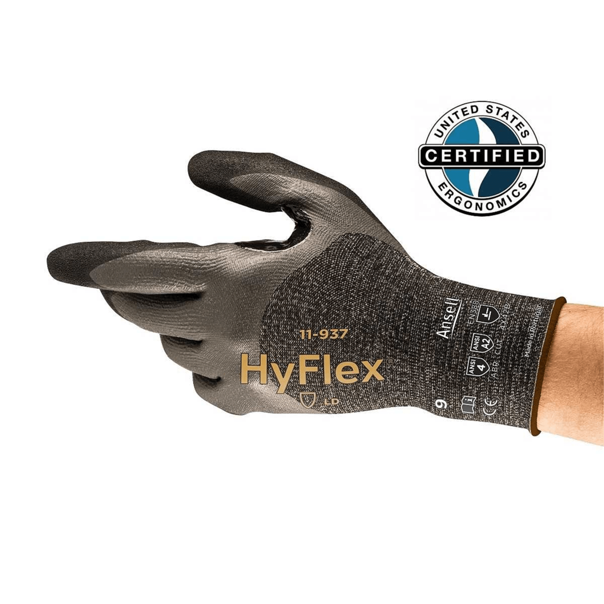 HyFlex 11-937 Oil-Repellent Three-Quarter Coating Work Gloves, Cut Protection Level A2, Size S