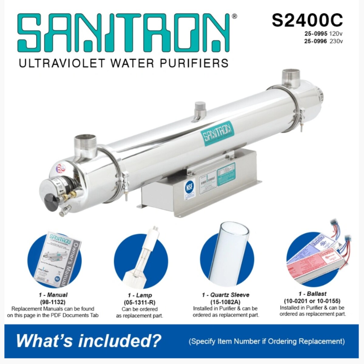 Atlantic Ultraviolet Sanitron® Ultraviolet Water Purifier S2400C, 40 gpm, 120v, NSF/ANSI 61/372
