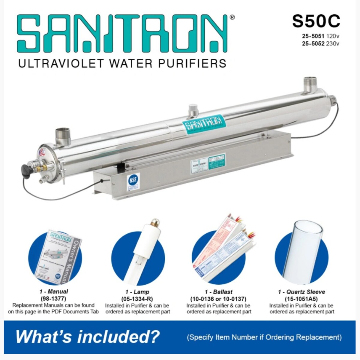 Atlantic Ultraviolet Sanitron® Ultraviolet Water Purifier S50C, 20 gpm, 120v, NSF/ANSI 61/372