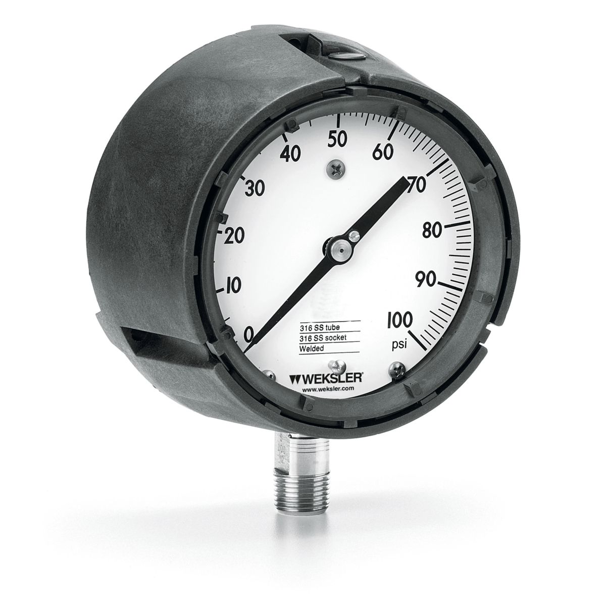 Weksler Process Gauge, 60 psi, 4-1/2", PPcase, 316SS tube/socket, 1/2" NPT M, Liqu-Fill AY442PE2LW