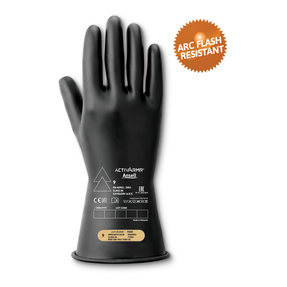 ActivArmr Electrical Insulating Gloves Class 00, Ultra-Lightweight, Black, Straight Cuff, Size XXL