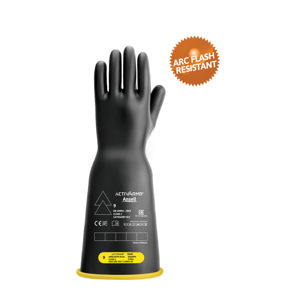 Activarmr Electrical Insulating Gloves Class 2 Black Coating Yellow Liner Bell Cuff