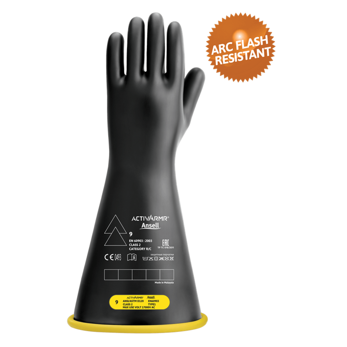 ActivArmr Electrical Insulating Gloves Class 2, Black Coating, Yellow Liner, Straight Cuff, Size XL