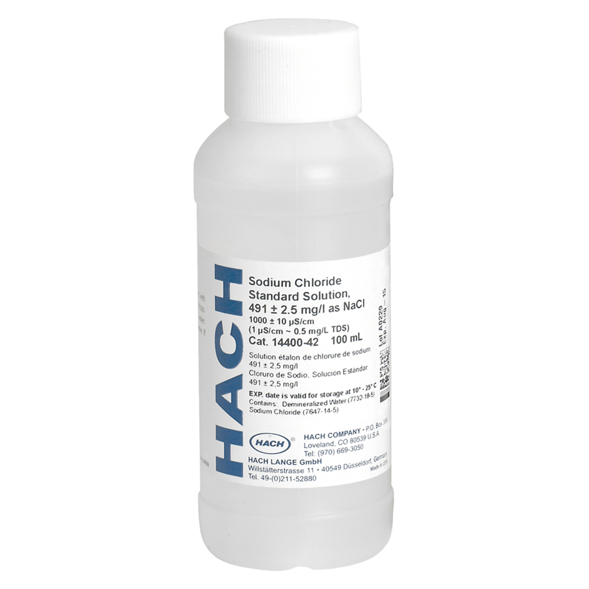 Hach Sodium Chloride Standard Solution, 491 mg/L NaCl (1000 µS/cm), 100