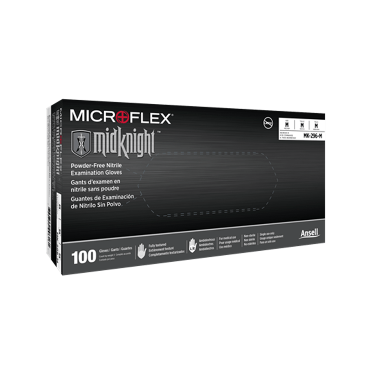 Microflex Midknight Powder-Free Nitrile Gloves, Medium, Box of 100