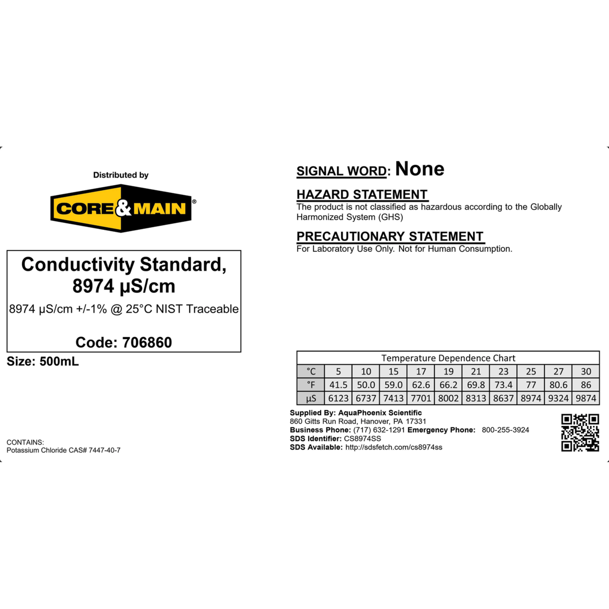 Core & Main Conductivity Standard, 8974 µS/cm, 500 mL