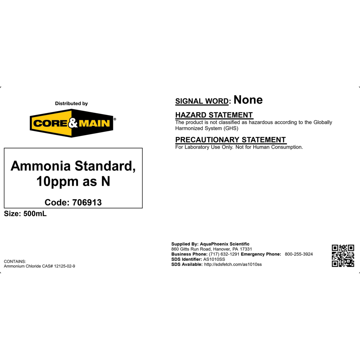 Core & Main Ammonia Standard Solution, 10 ppm as N, 500 mL