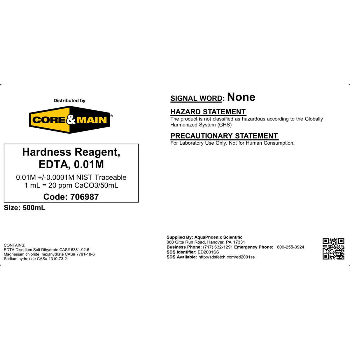 Core & Main Hardness Reagent, EDTA, 0.01M, 500 mL