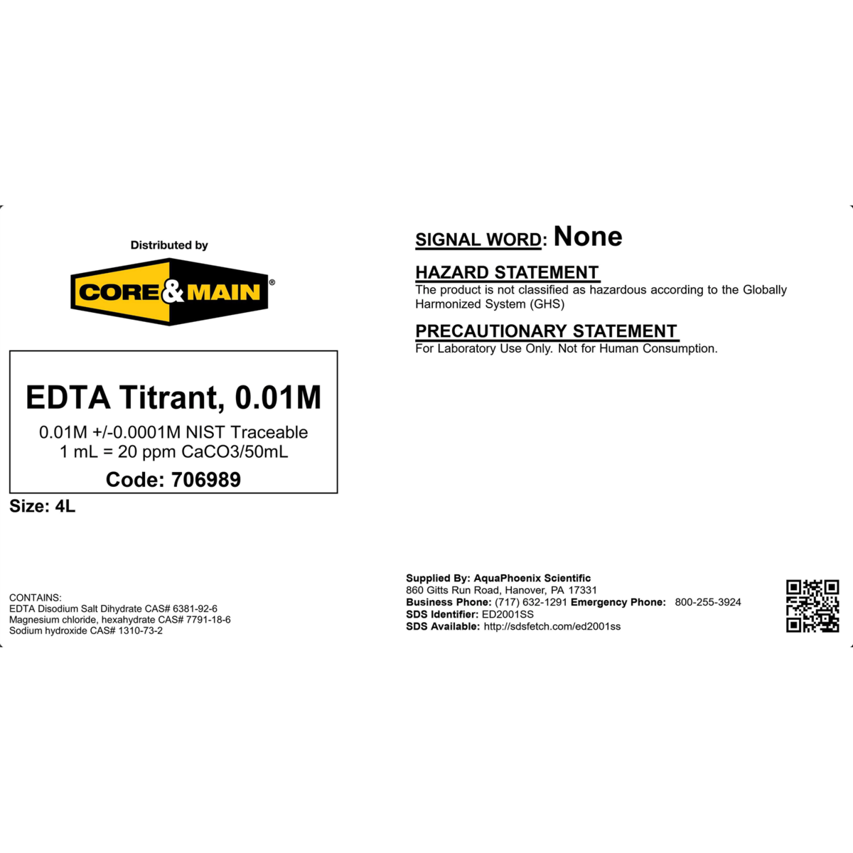 Core & Main EDTA Titrant, 0.01M, 4 L