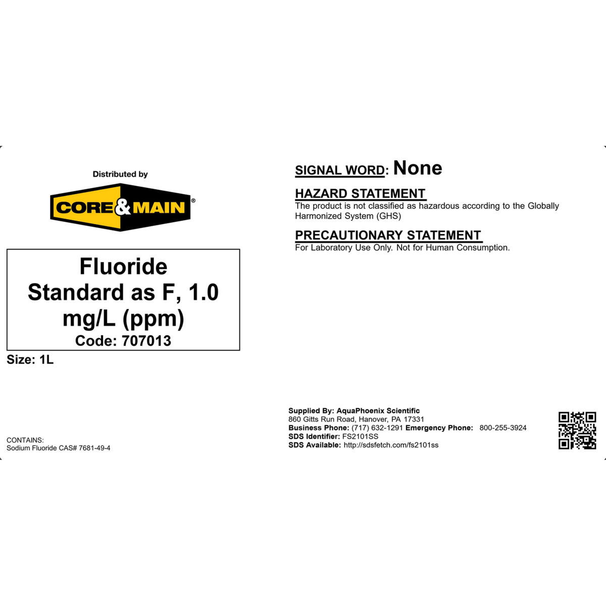 Core & Main Fluoride Standard, 1.0 mg/L (ppm), 1 L