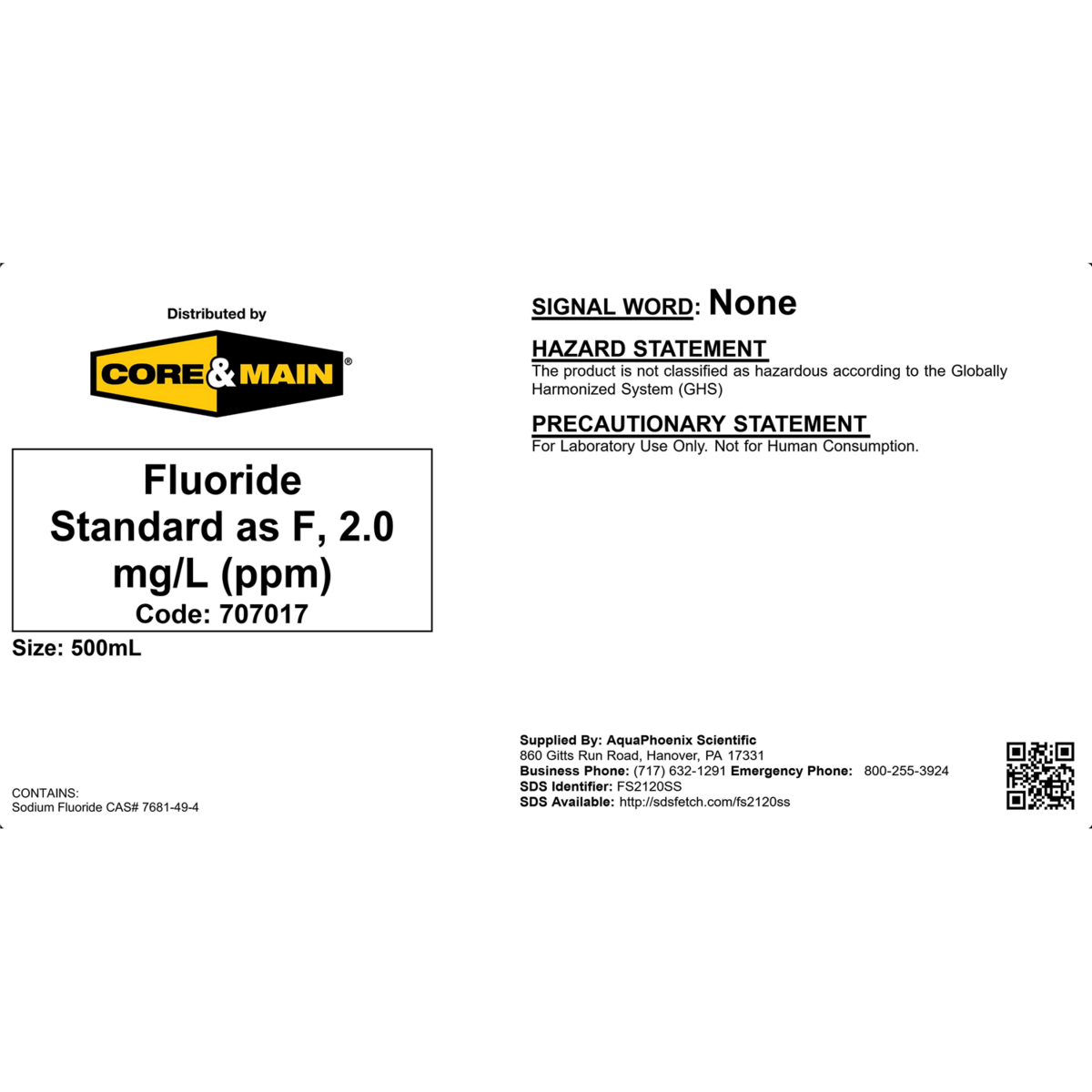 Core & Main Fluoride Standard, 2.0 mg/L (ppm), 500 mL