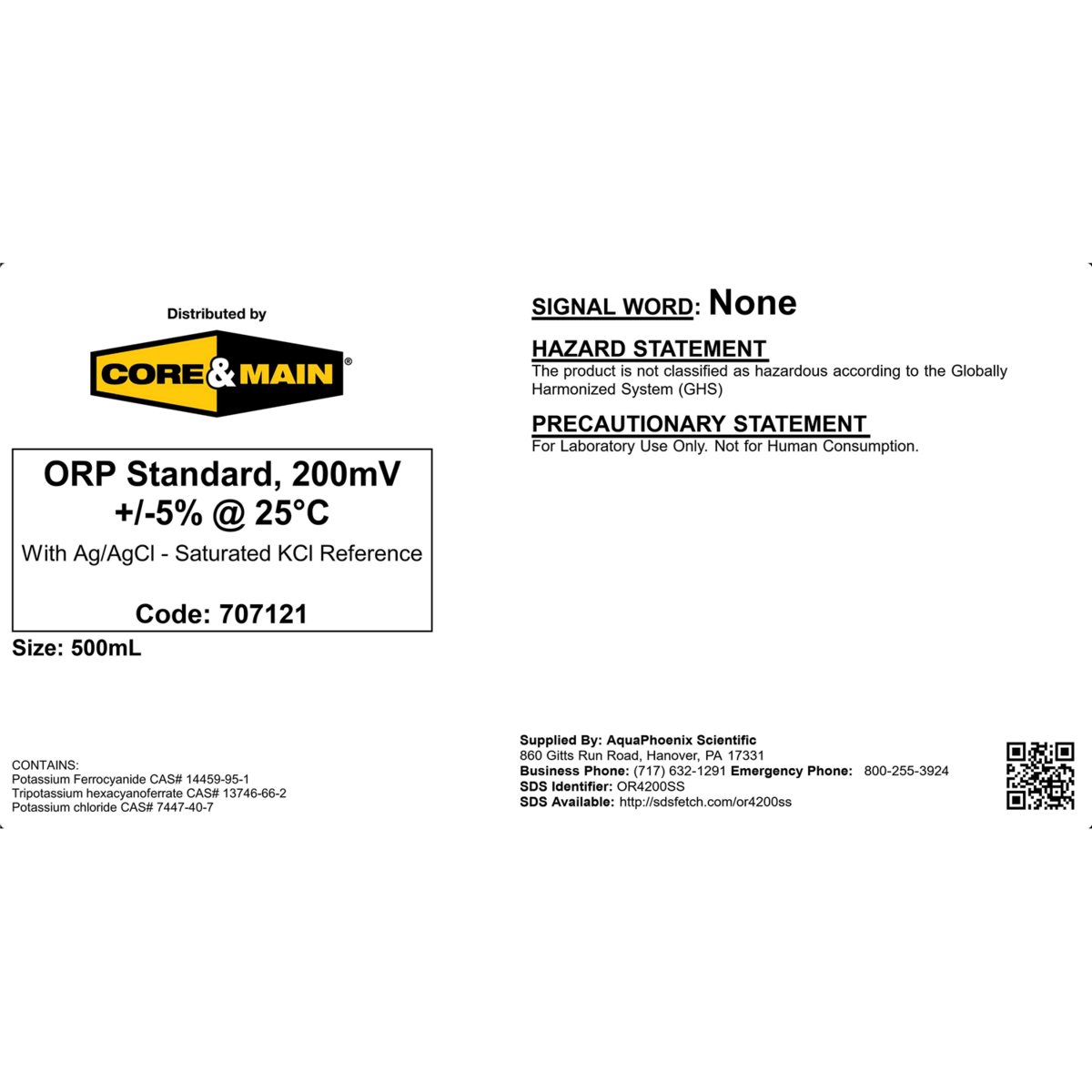 Core & Main ORP Standard, 200 mV +/-5% @ 25°C, 500 mL