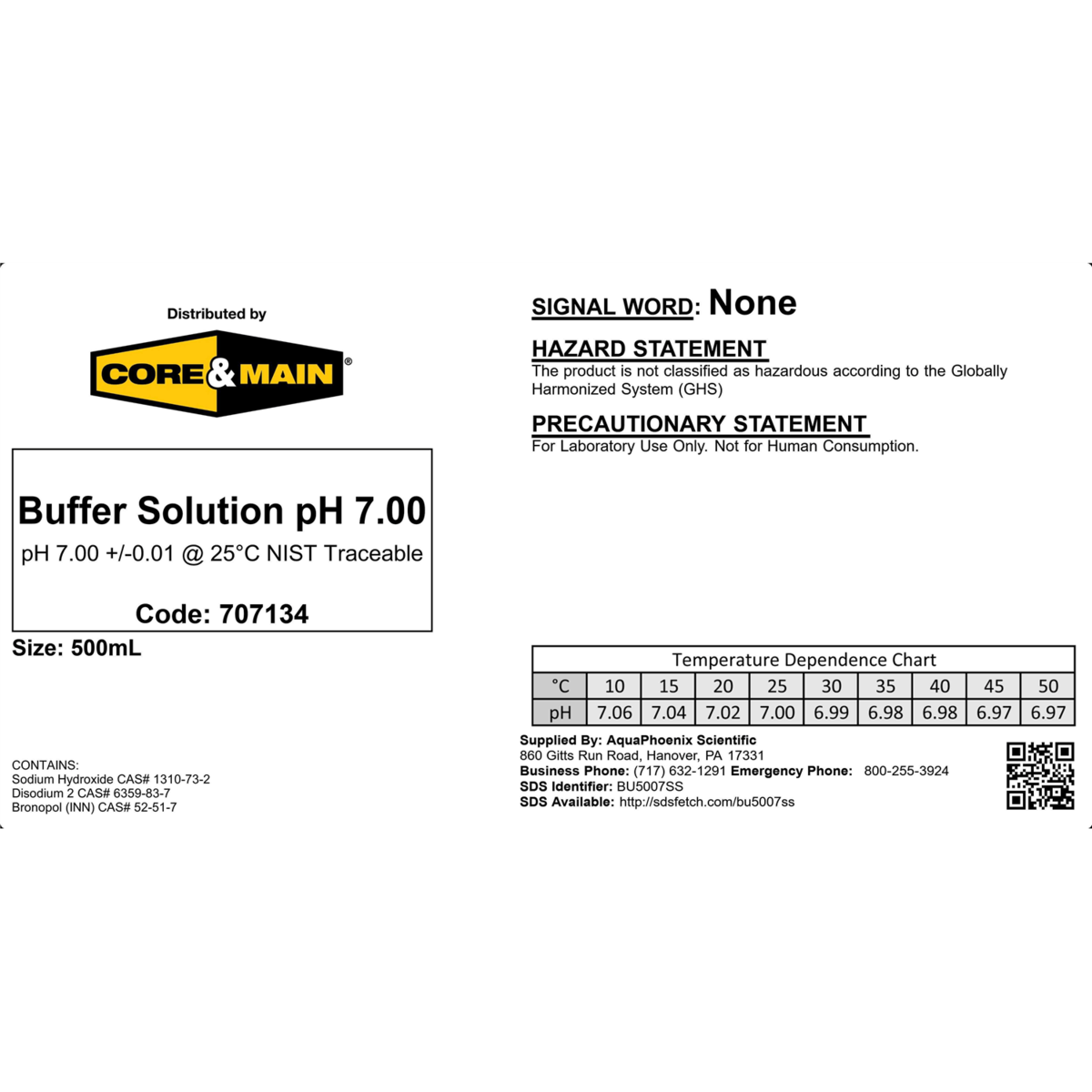 Core & Main pH Buffer Solution, pH 7.00, Yellow, 500 mL