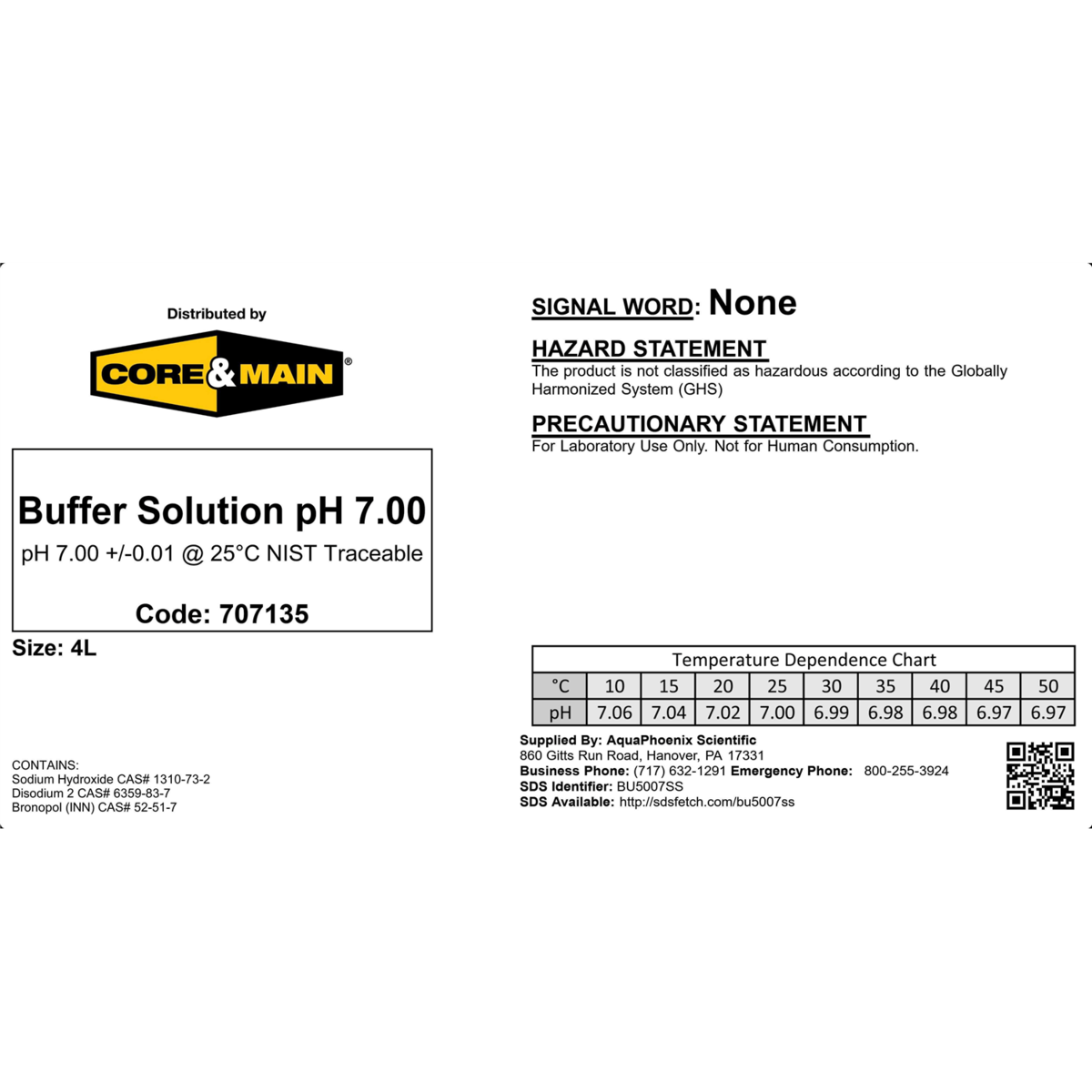 Core & Main pH Buffer Solution, pH 7.00, Yellow, 4 L