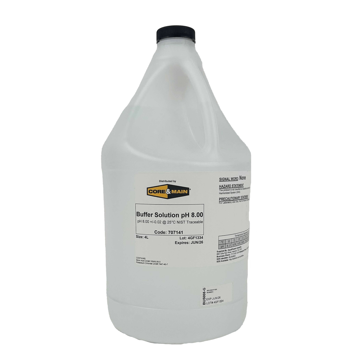 Core & Main pH Buffer Solution, pH 8.00, Colorless, 4 L
