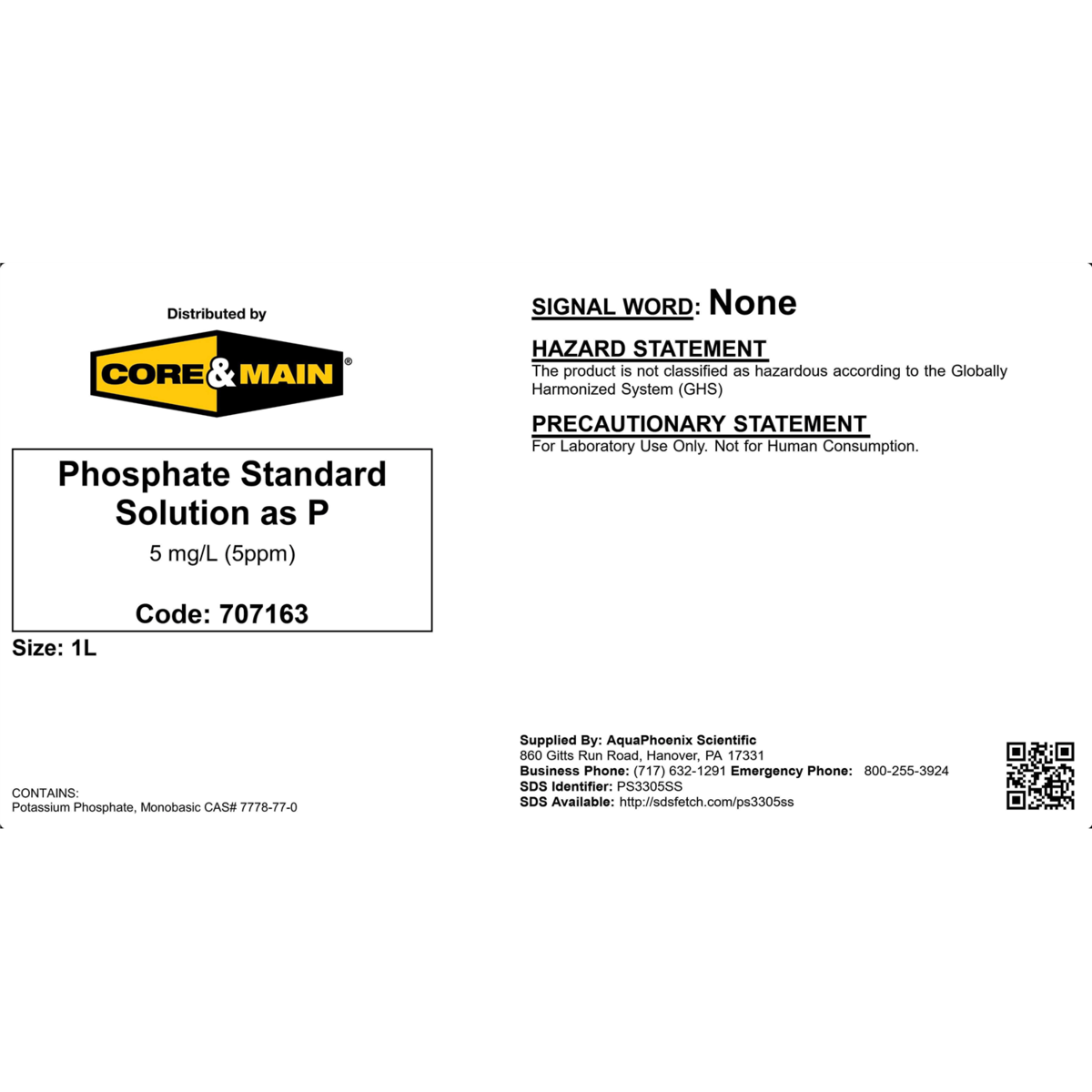Core & Main Phosphate Standard, 5ppm, 1 L