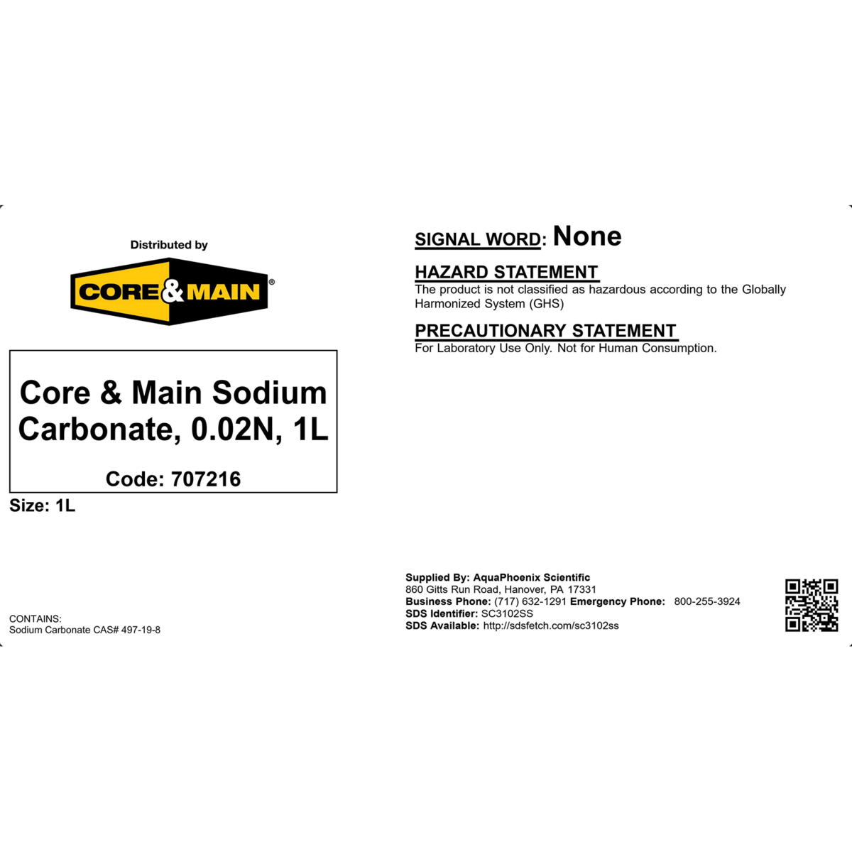 Core & Main Sodium Carbonate, 0.02N, 1 L