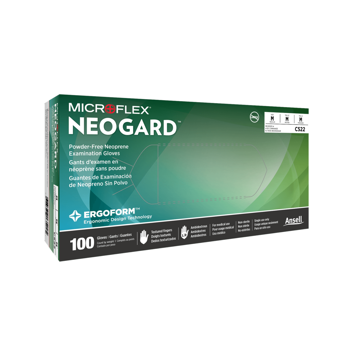 Microflex Neogard C52 Ergonomic Neoprene Glove, Size M, Box of 100